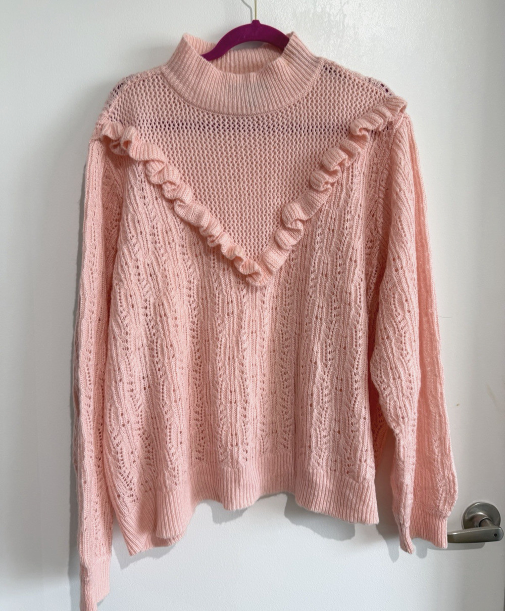 ELOQUII Womens 26/28 Pink Ruffle V Chest Crisscross Open Knit Mock Neck Sweater